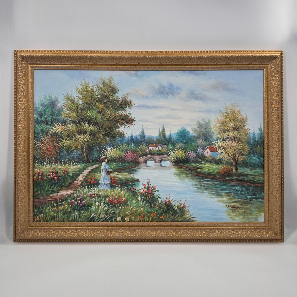 Large Original Oil Painting Garden Landscape w Bridge Signed W Hodges